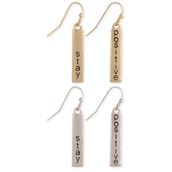 Inspirational Message Jewelry - 2 Pair 'Stay Positive' Bottled Bar Word Earrings
